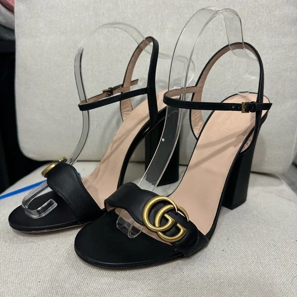 Gucci Marmont GG Black Leather Heeled Sandal size 40 Authentic Classic - Picture 2 of 9